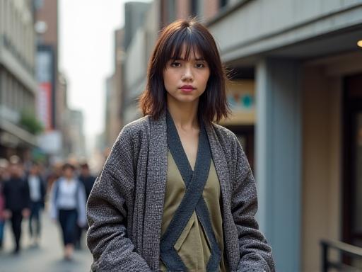 現代的な感覚でデザインされた羽織を、街中で身につけた人物。伝統とモダンが融合したスタイルが目を引きます。